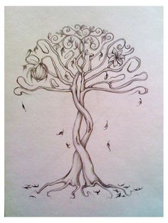 a drawing of a tree with swirly branches and leaves on the bottom right hand side