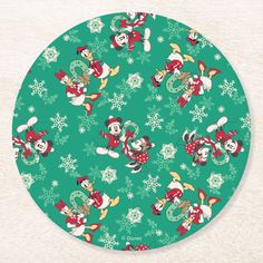 mickey and minnie mouse christmas pattern on green beverage coaster