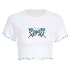 LOVEMI - Women's butterfly print short slim casual T-shirt top Ruffled Crop Top, Y2k Aesthetic Outfits, Crop Top Casual, Summer Crop Tops, Cute Butterfly, Cropped Tops, Print Crop Tops, Casual T Shirt, White Crop Top