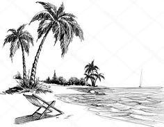 an ink drawing of a beach scene with chairs and palm trees