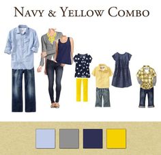 the color scheme for navy and yellow combos is shown in blue, yellow, gray, and white