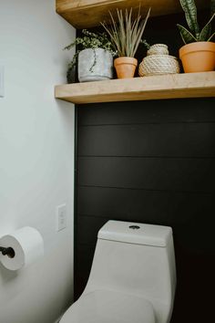 a white toilet sitting in a bathroom next to a wooden shelf filled with potted plants