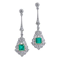 Art Deco Emerald Pave Diamond Earrings Earrings Curated by H Art Deco Drop Earrings, Pave Diamond Earrings, Platinum Earrings, Jewelry Advice, Filigree Earrings, Colombian Emeralds, Gold Diamond Earrings, Estilo Art Deco, White Gold Earrings