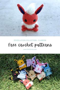 the crochet pattern for pokemon stuffed animals is shown in three different colors and sizes