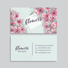 two business cards with flowers on them, one is white and the other is pink