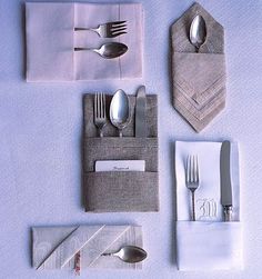 silverware and napkins laid out on top of each other in different positions,