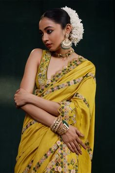 Shop for Rishi and Soujit Yellow Linear Floral Embroidered Saree With Sleeveless Blouse for Women Online at Aza Fashions Kundan Saree For Transitional Season, Dola Silk Pre-draped Saree With Dori Work, Saree With Resham Embroidery, Kundan Embroidered Fabric For Reception, Sleeveless Traditional Wear With Zari Work For Designer Wear, Festive Saree With Dupatta, Sleeveless Chanderi Traditional Wear For Wedding, Traditional Sleeveless Saree For Reception, Festive Sleeveless Saree With Dupatta