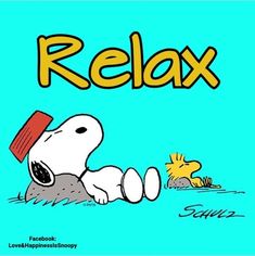 a cartoon dog laying on top of a rock with the word relax written above it