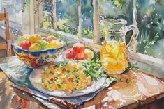 a painting of food on a table next to a glass pitcher and bowl of fruit