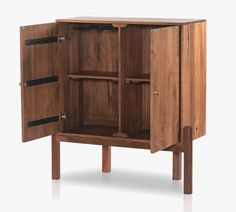 a wooden cabinet with two doors and three drawers on one side, the door is open