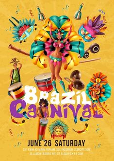 a poster for a carnival with an image of a woman in colorful clothing and accessories