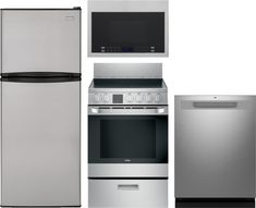 a refrigerator, stove, microwave and dishwasher all in stainless steel finish finishes