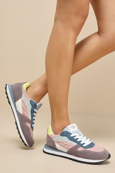 The Drya Blush Multi Color Block Suede Lace-Up Sneakers are ready for everyday adventures and endless compliments! Look adorably athleisure with these colorful sneakers that have a sleek nylon and soft faux suede construction that shapes an almond toe upper, a classic lace-up vamp, and a low-cut collar. Care instructions (in black font) accent the tongue, while a trendy bumper sole completes the too-cool design! Available in Euro sizes only. 1" rubber sole. Cushioned insole. Rubber sole has nons Spring Athleisure Sneakers, Spring Athleisure Lace-up Running Shoes, Spring Jogging Sneakers With Vulcanized Sole, Trendy Nylon Sneakers For Spring, Spring Athleisure High-top Running Shoes, Sporty Spring Low-top Walking Shoes, Pink Lace-up Athleisure Walking Shoes, Spring Running Lace-up Sneakers, Pink Lace-up Walking Shoes For Athleisure