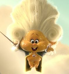 a cartoon character with white hair is flying through the air and holding a wand in his hand