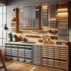 a large wooden cabinet filled with lots of tools