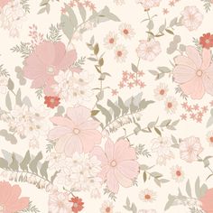 a floral wallpaper with pink flowers and green leaves on the bottom half of it