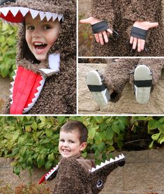 a young boy wearing a costume made to look like a dinosaur