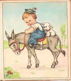 a little boy riding on the back of a horse with two lambs next to him