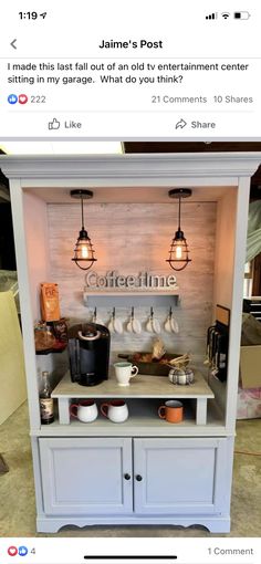 an old entertainment center has been converted into a coffee bar for sale on instagram