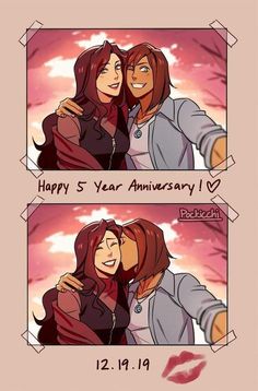 two cartoon characters hugging each other with the caption happy 5 year anniversary