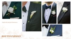 a collage of photos showing different types of boutonnieres and tuxedos