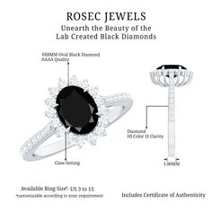 the black diamond ring is shown with its measurements and price guide for each item in this image