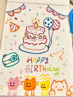 a sheet of paper with an image of a birthday cake and other items on it