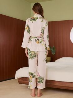 Tropical Floral Printed Pajama Set 2 Pcs Luxury Short Robe | Ulivary Tropical Loungewear Sets For Spring, Spring Tropical Loungewear Sets, Floral Print Lounging Sets For Spring, Floral Print Loungewear Sets For Spring, Floral Print Loungewear Sets, Spring Floral Print Lounging Sets, Floral Print Long Sleeve Sleepwear For Vacation, Feminine Floral Print Sleepwear For Vacation, Tropical Floral Print Sets For Vacation