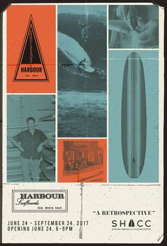 an advertisement for the harbor art museum featuring surfboards and men's swimwear