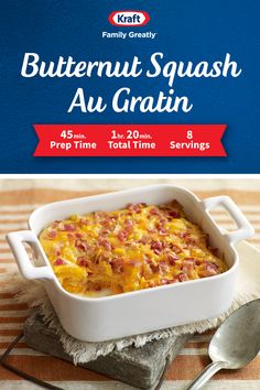 an advertisement for butternut squash au gratin on a striped tablecloth with spoons