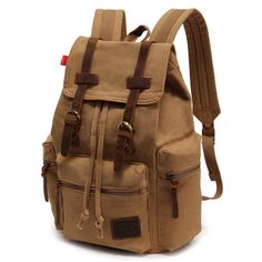 a tan backpack with brown straps on it