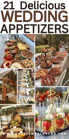 the cover of 21 delicious wedding appetizers, with pictures of food on display