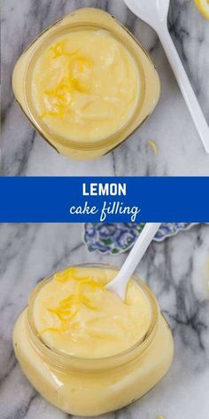 lemon cake filling in a glass jar with a spoon on the side, and another photo showing how to make it