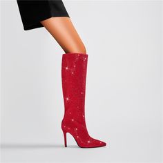 Shop Cherry Red Party Rhinestone Boots Stiletto Heel | Pointed Toe Jeweled Knee High Boots color Red for Dancing Club, Going out, Night Club, Party, Red Carpet with worldwide Free shipping & Free return. Rhinestone Boots, Dancing Club, Casual Short Sleeve Dress, Glitter Party, Red Party, Round Neck Dresses, Club Party, Floral Print Shorts, Womens Clothing Sizes