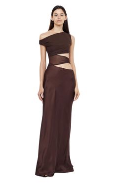 Brown Off-shoulder Dress For Night Out, One Shoulder Cutout Midi Dress For Evening, One Shoulder Midi Dress With Cutout For Evening, Asymmetrical Cutout Evening Dress, Elegant Strapless Midi Dress With Cutout, Elegant One-shoulder Cutout Midi Dress, Elegant One Shoulder Cutout Midi Dress, Brown Off-shoulder Evening Dress, Formal Dresses With Cutout And Asymmetrical Neckline