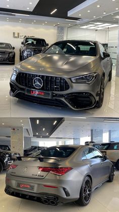 two pictures of cars in a showroom, one is silver and the other is black