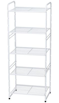 a white shelf with four shelves on each side and two wheels attached to the bottom