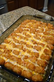 a casserole dish with tater tots in it on a kitchen counter