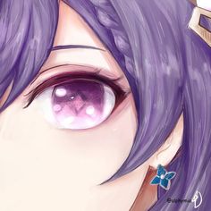 an anime character with purple hair and big blue eyes is staring into the camera lens