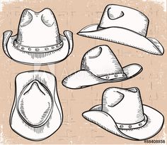 cowboy hats drawn in black and white on a beige background stock photo, royalty illustration