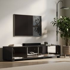 a living room with a large television on the wall and a potted plant next to it