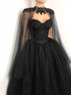 Corset Lace Wedding Dress, Alternative Bride Dress, Black Tulle Wedding Dress, Wedding Dress With Cape, Black Bridal Dresses, Dress With Cape, Cape Wedding Dress, Bridal Ball Gown