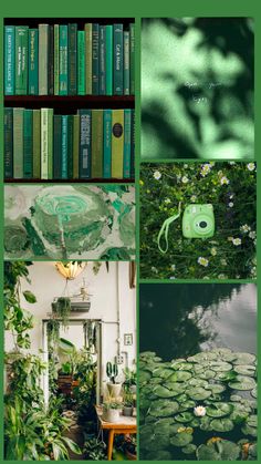 the collage is filled with green plants and books on shelves above water lilies