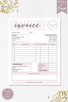 an invoice form with gold confetti around it and the words inside