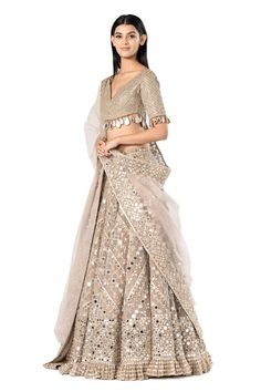 Moon grey lehenga with attached cancan, and mirror embellishments in chevron pattern. Comes with embellished padded blouse and dupatta.
Components: 3
Pattern: Embellished
Type Of Work: Mirror
Neckline: V Neck
Sleeve Type: Short
Fabric: Blouse- Net, Lehenga- Organza
Color: Grey
Other Details: 
Tassel edges blouse
Frill hem lehenga
Occasion: Wedding,Bride - Aza Fashions Wedding Lehenga With Unstitched Blouse And V-neck, Wedding Choli With Gota Work For Navratri, Transitional Wedding Pre-draped Saree With Mirror Work, Transitional Festive Lehenga With Mirror Work, V-neck Wedding Choli With Mirror Work, Wedding Choli With Mirror Work For Transitional Season, Grey Mirror Work Lehenga, Wedding Lehenga With Mirror Work For Navratri, Mirror Embellished Lehenga