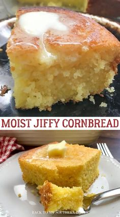 two pictures side by side one has a piece of cornbread and the other has a bite taken out of it