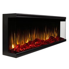 an electric fireplace with red rocks and flames