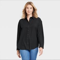 Women's Long Sleeve Oversized Button-Down Shirt - Universal Thread Black Xs Universal Thread Solid-Color Button-Down Shirt Lightweight Cotton Fabric Full-Length Button-Down Front Pointed Collar And Long Sleeves Oversized Fit And Shirttail Hem Below-Hip Length Description Elevate Your Dressed-Up Or Casual Looks With This Long-Sleeve Oversized Button-Down Shirt From Universal Thread. Crafted From Lightweight Cotton With A Flowy Drape And An Oversized Fit, This Solid-Color Shirt Pairs Beautifully W Black Shirt For Everyday Fall Wear, Black Everyday Shirt For Fall, Black Button-up Blouse For Everyday, Black Relaxed Fit Shirt For Daywear, Black Everyday Collared Blouse, Black Buttoned Shirt For Daywear, Everyday Black Shirt With Button Closure, Everyday Black Blouse With Button Closure, Trendy Black Shirt For Daywear