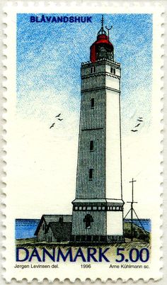 a stamp with a drawing of a light house on it's front and side