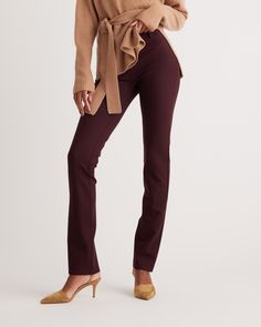 Meet the straight cut version of our favorite ponte pants, offered in multiple inseams. Feels like a yoga pant but with the classic look of your favorite straight legged pants. A flattering design and silhouette, these pants are equally comfy and versatile. Plus, the 4-way stretch you'd usually see in squat-proof leggings makes these appropriate for any setting. Also offered in sizes 1X-3X.  | Quince | Women's Ultra-Stretch Ponte Straight Leg Pants in Burgundy, Size Large, Rayon Fitted Straight Pants With Pull-on Style, Stretch Tapered Leg Pull-on Dress Pants, Stretch Tapered Leg Dress Pants With Pull-on Style, Versatile Stretch Tapered Leg Bottoms, Stretch Dress Pants With Elastic Waistband For Business Casual, Stretch Business Casual Dress Pants With Elastic Waistband, Fitted Versatile Dress Pants With Elastic Waistband, Fitted Full-length Pull-on Dress Pants, Fitted Full Length Pull-on Dress Pants